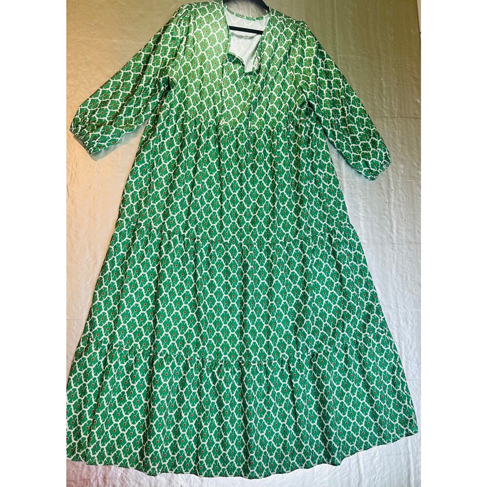2X Green Geometric Maxi Dress Bubble Sleeve Tiered Boho Plus Size - Picture 12 of 12